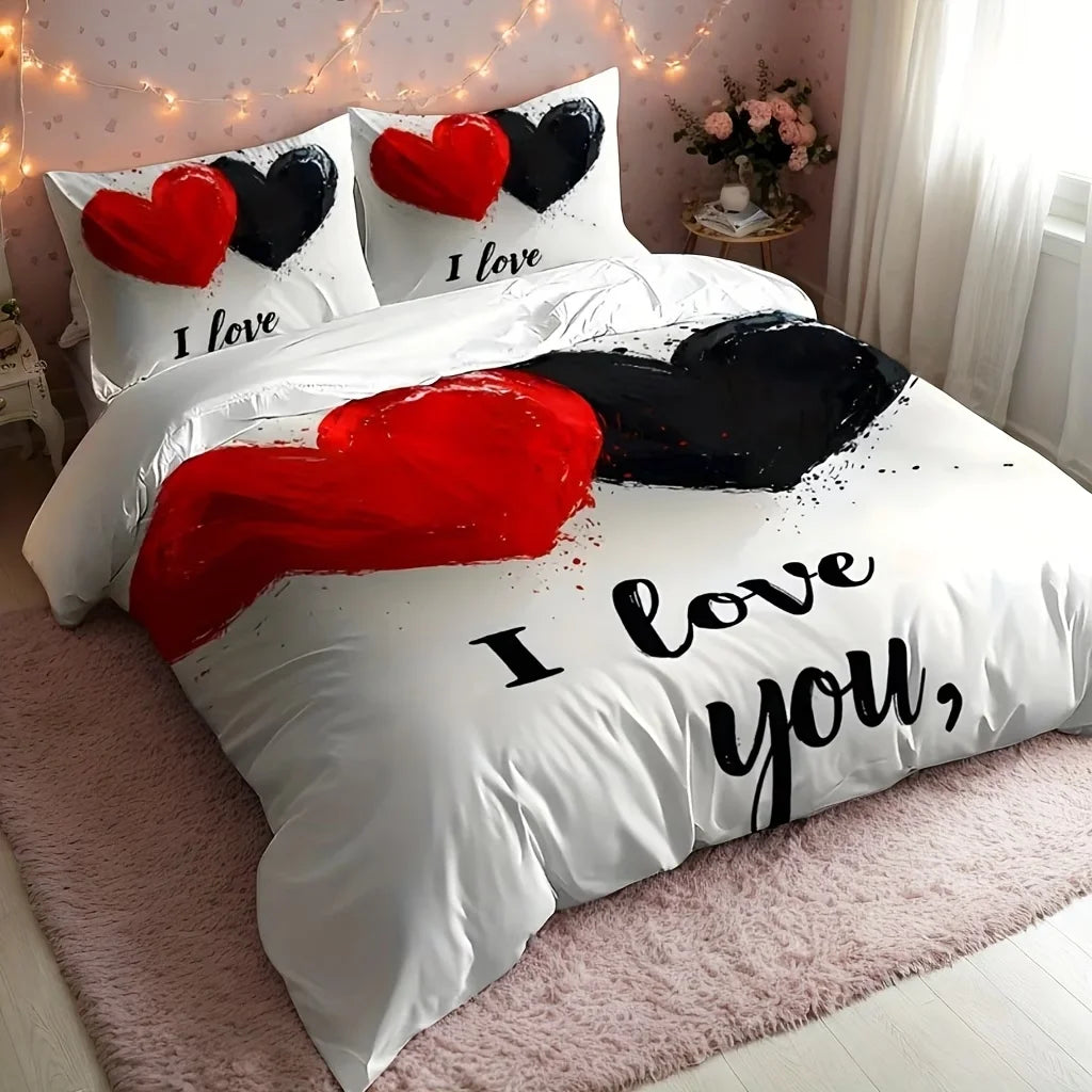 White bedding with red and black heart print featuring the text I love you