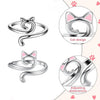 Silver adjustable crochet loop rings set featuring cat designs and adjustable dimensions