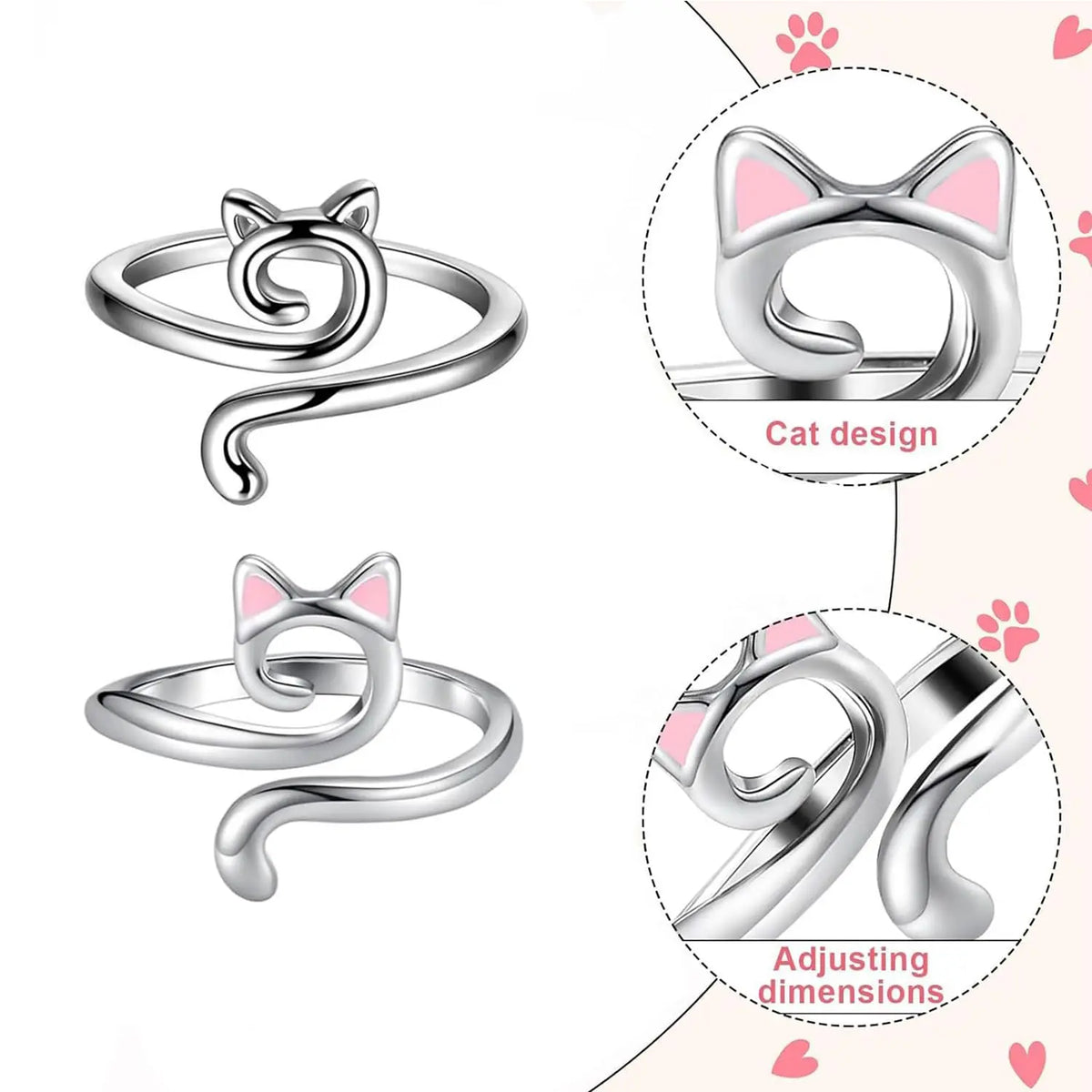 Silver adjustable crochet loop rings set featuring cat designs and adjustable dimensions