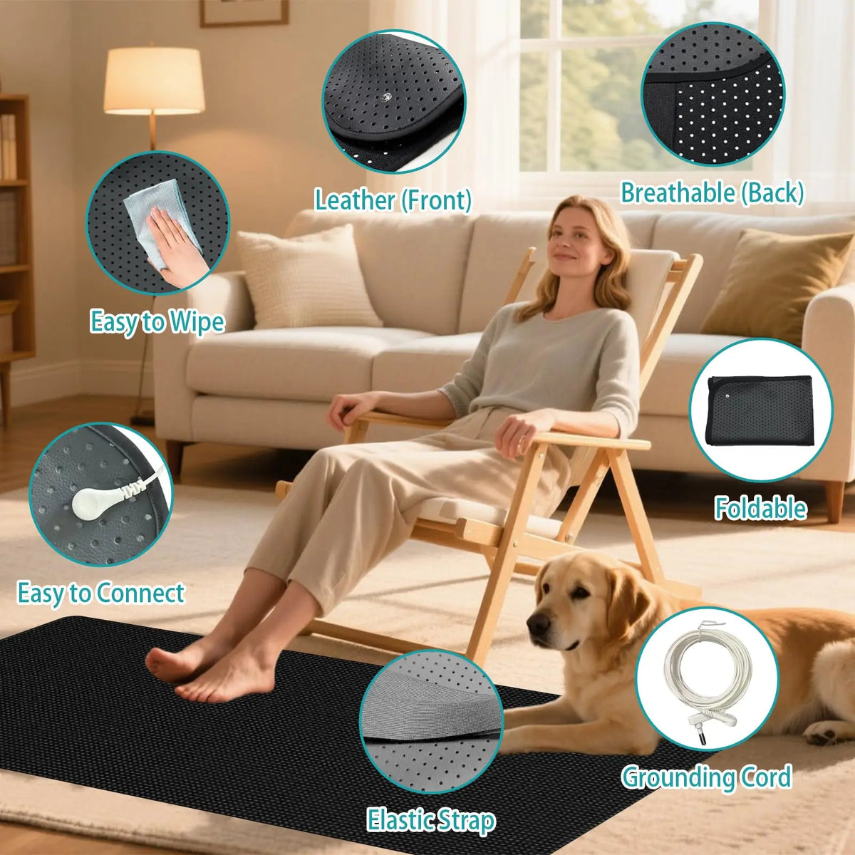 A conductive grounding mattress pad shown with features like leather front, breathable back, foldable design, and an elastic 