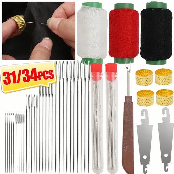 A kit of precision sewing needles, including various sizes and a set of embroidery thread spools.
