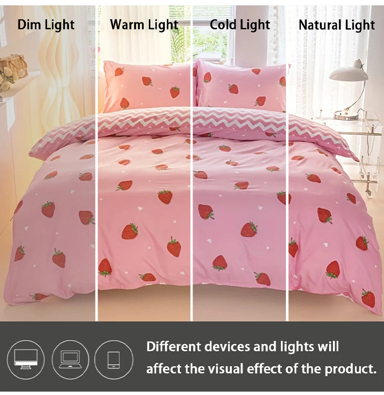 A pink strawberry print duvet cover set shown in four light variations: dim, warm, cold, and natural light.