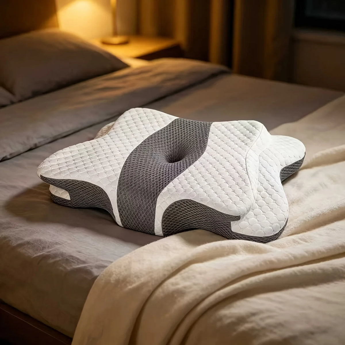 A white and gray ergonomic memory foam neck pillow resting on a beige bed with soft lighting.