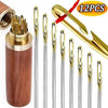 A set of 12 stainless steel self-threading sewing needles with a gold-colored tool and wooden casing.