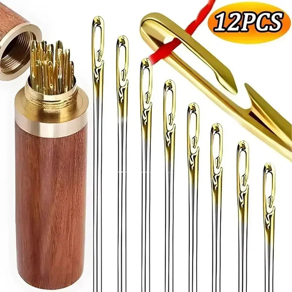 A set of 12 stainless steel self-threading sewing needles with a gold-colored tool and wooden casing.