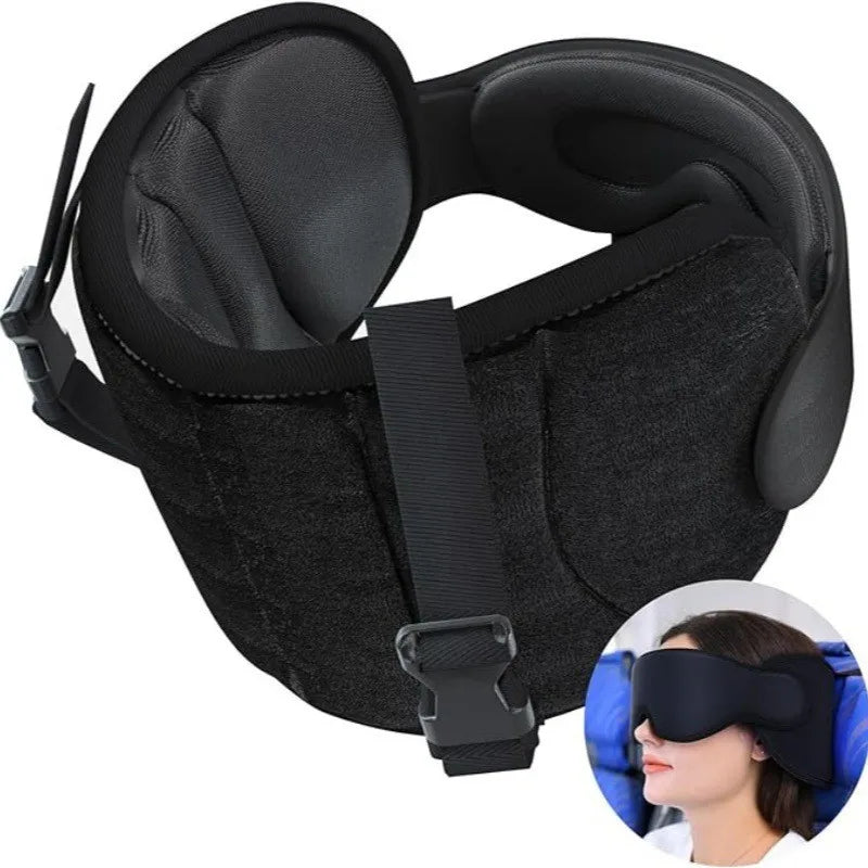 A black 3D contoured travel sleep mask with a neck pillow is shown, along with a close-up of it being worn on a woman's face.