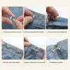 Step-by-step guide showing how to install an adjustable waist tightening buckle on denim jeans.