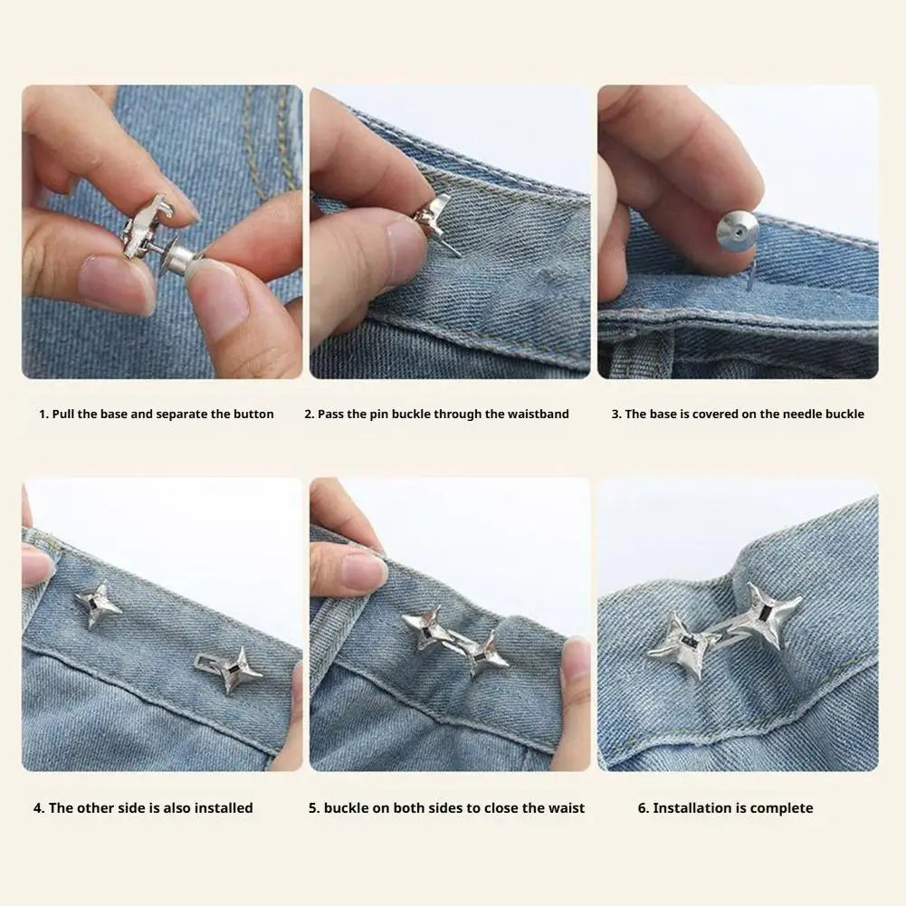 Step-by-step guide showing how to install an adjustable waist tightening buckle on denim jeans.