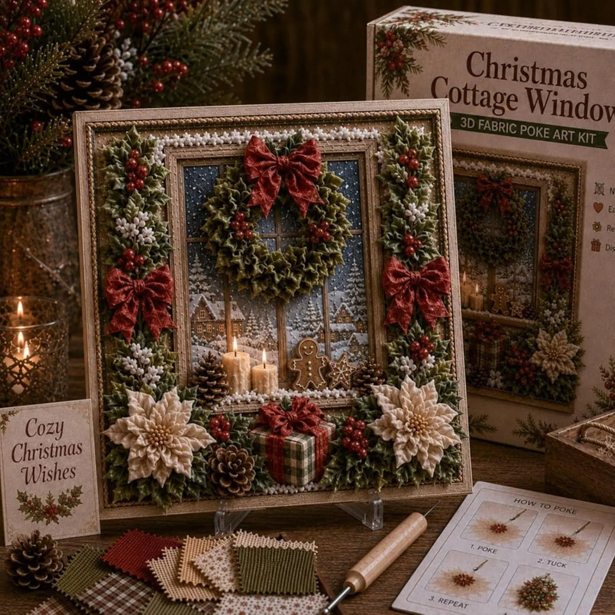 A box of a vintage Christmas fabric art kit featuring a framed winter window design with greenery and red bows.