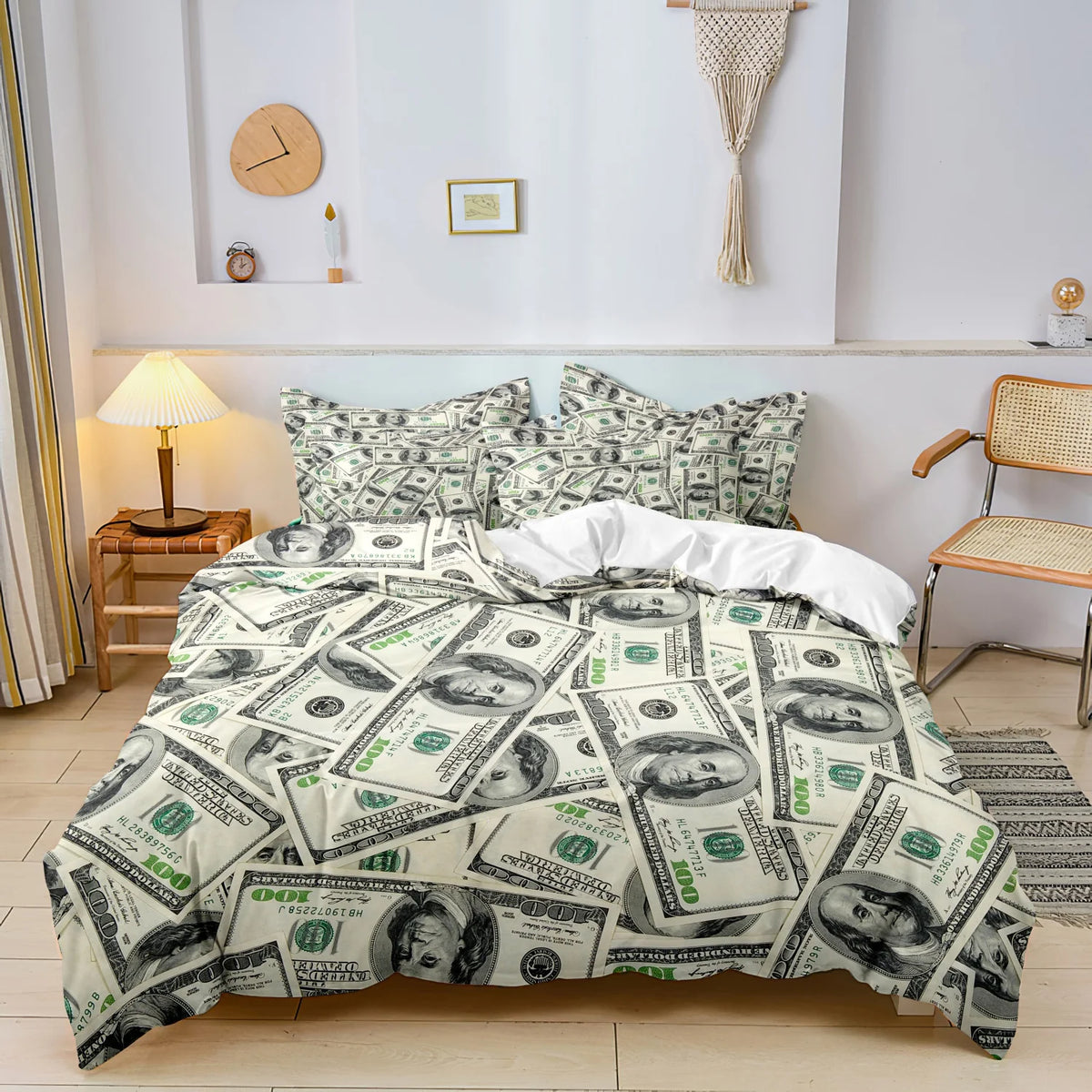 Elegant printed bedding set featuring a green and white banknote pattern on a duvet and pillowcases.