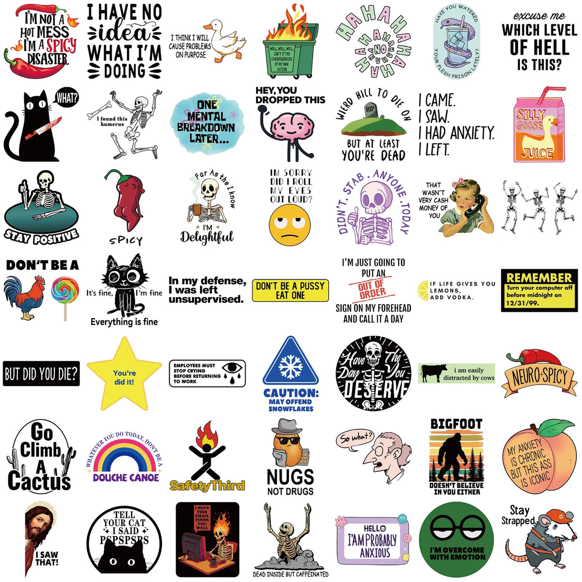 A collection of funny meme and nostalgia vinyl stickers featuring various humorous phrases and characters.