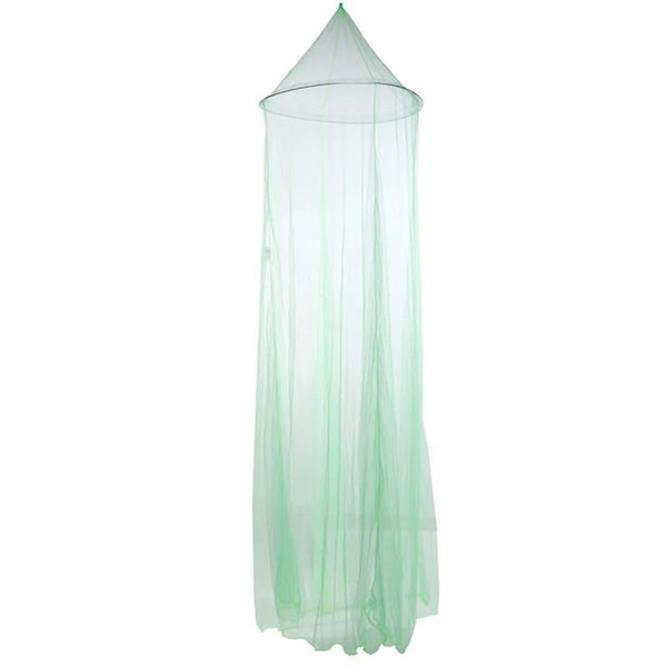 A sheer, light green mesh mosquito net shaped like a cone for bed and home decor.