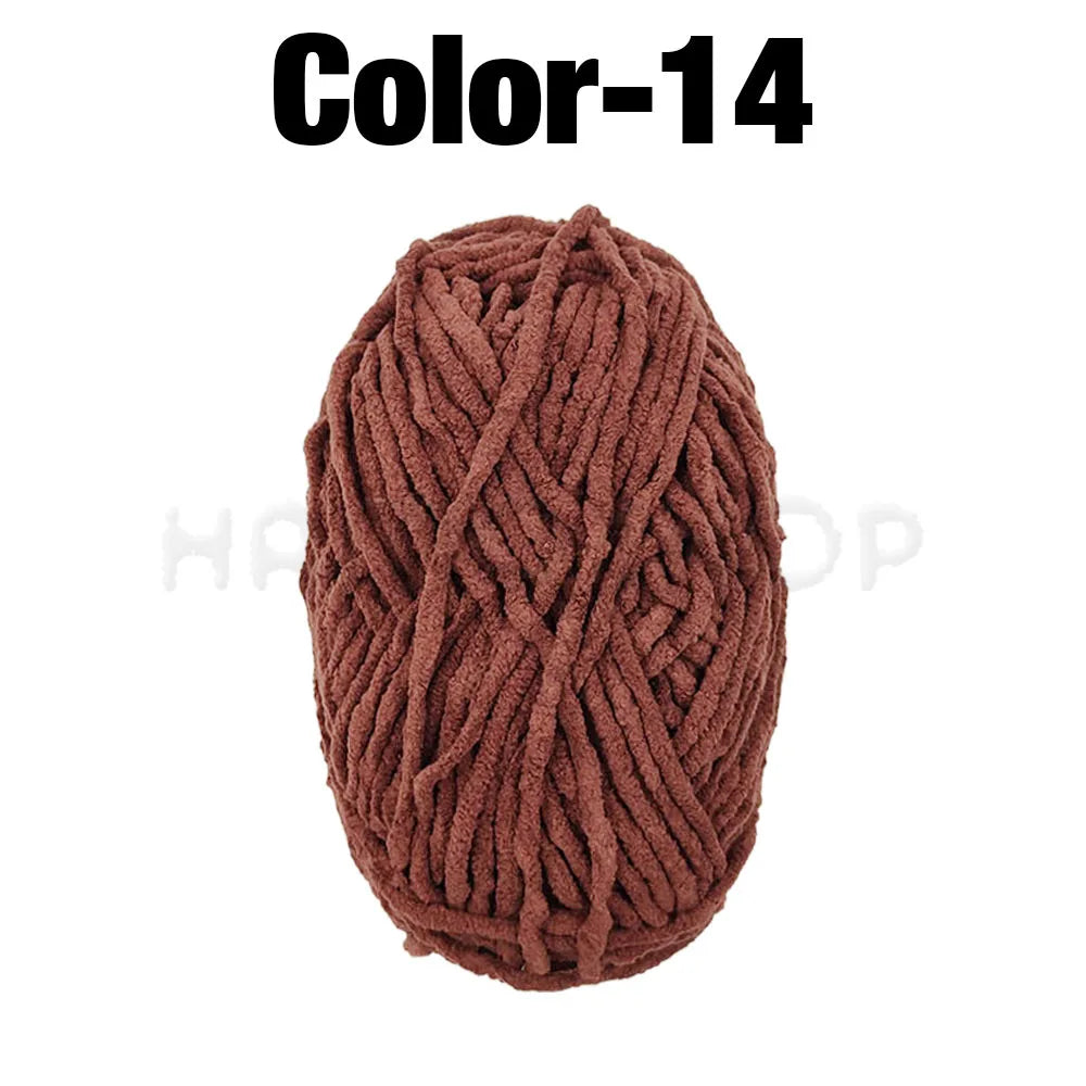 A ball of dark brown chenille yarn labeled Color-14 for crafting.