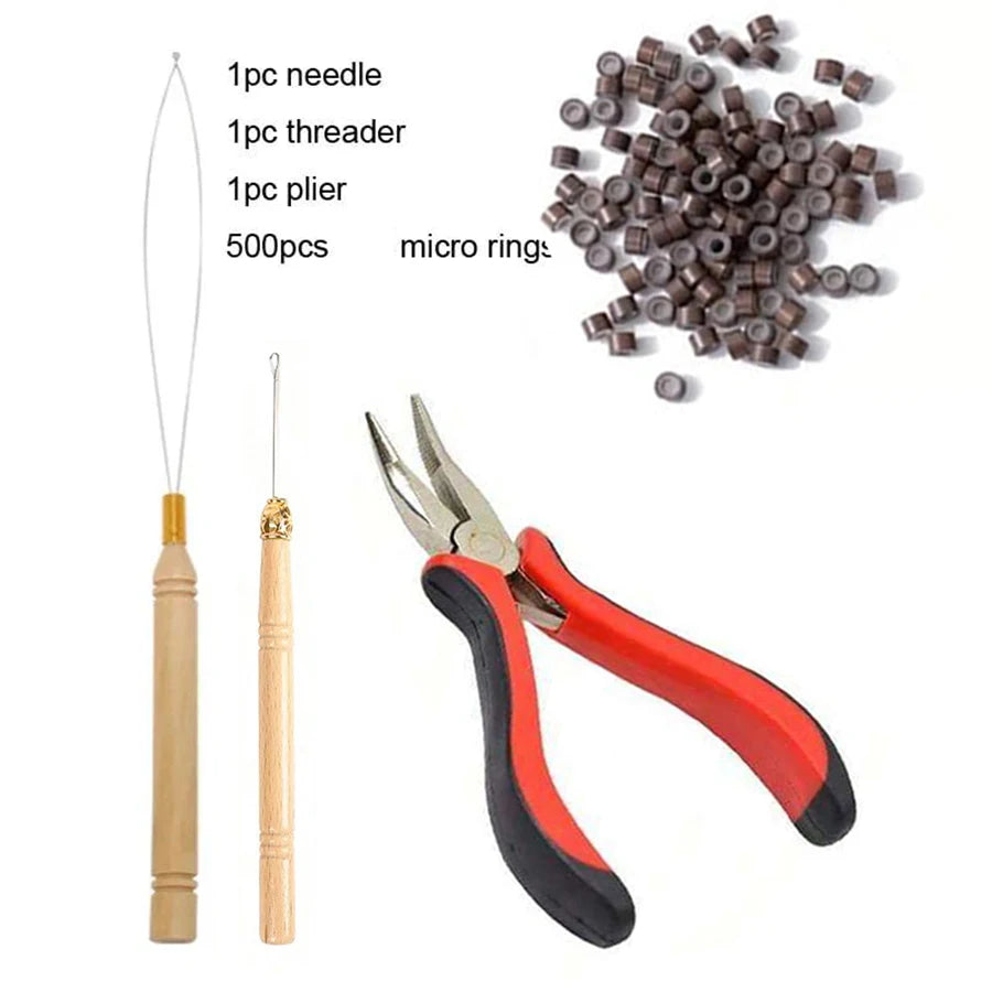 A kit of professional hair extension bead tools including a needle, threader, pliers, and micro rings.