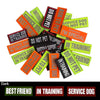 A collection of tactical embroidered patches featuring phrases like DO NOT PET, BEST FRIEND, IN TRAINING, and SERVICE DOG.