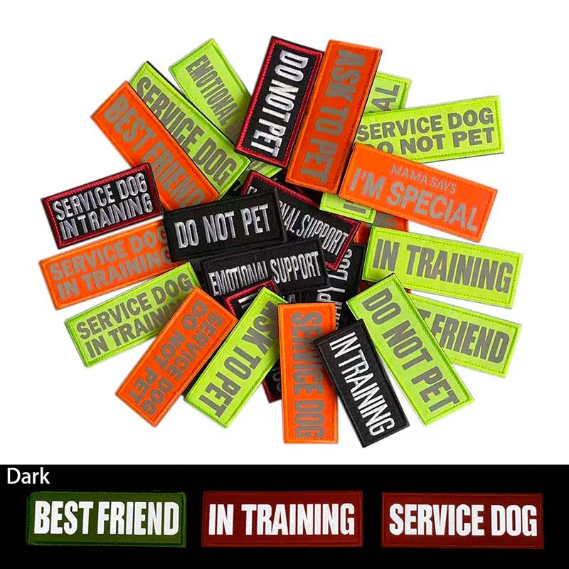 A collection of tactical embroidered patches featuring phrases like DO NOT PET, BEST FRIEND, IN TRAINING, and SERVICE DOG.