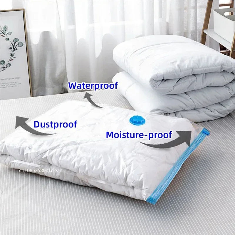 White waterproof and moisture-proof storage bags filled with bedding or clothing.