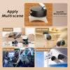A foldable magnetic phone stand with a vacuum suction base shown in various contexts like desktop, car, and business trip.
