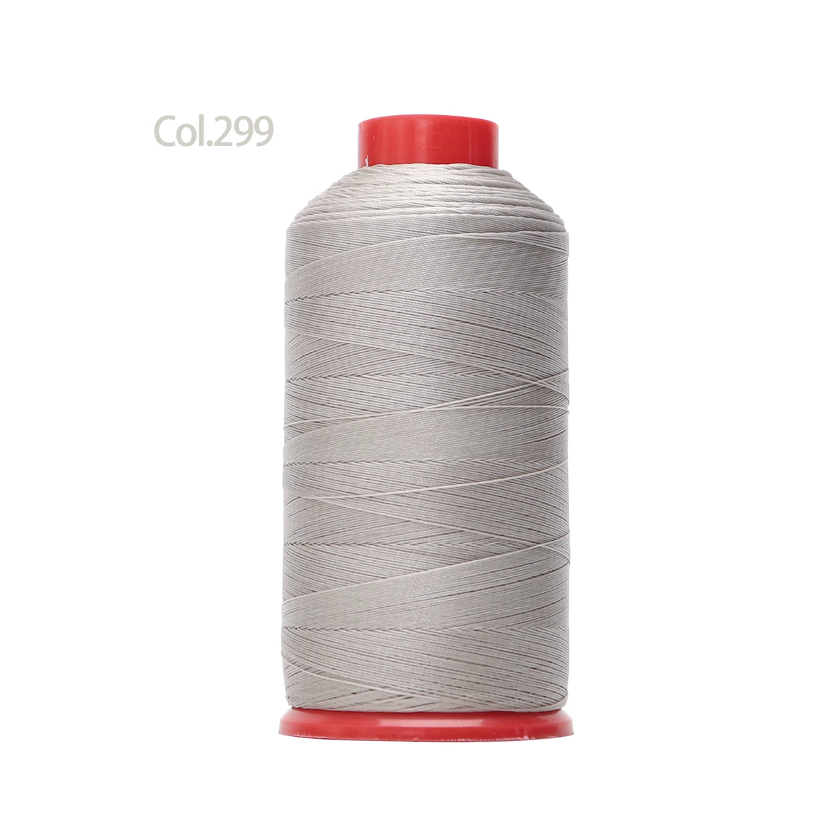 A spool of gray heavy duty nylon sewing thread with a red cap.