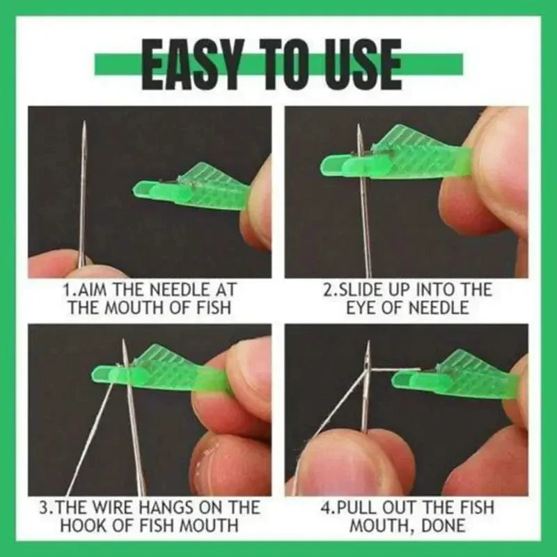 Step-by-step instructions showing how to use a mini hand sewing needle threader kit on a fish.