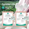 Certificate for Certified silk product Oeko-Tex Standard 100 displayed next to white pillows.
