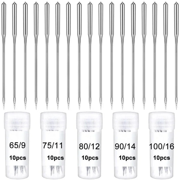 A set of universal sewing machine needles in various sizes and counts packaged for sewing.