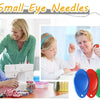A woman is using a precision needle threader set on an elderly woman and a child in a bright indoor setting.
