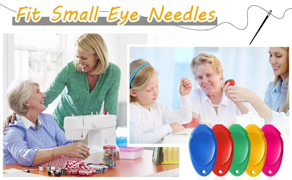 A woman is using a precision needle threader set on an elderly woman and a child in a bright indoor setting.