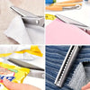 A collection of professional pinking shears and scissors shown in various contexts, including on fabric and next to measuring
