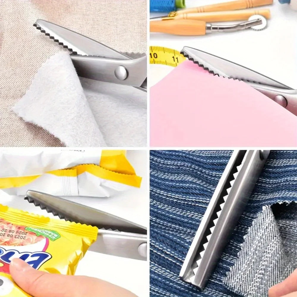 A collection of professional pinking shears and scissors shown in various contexts, including on fabric and next to measuring