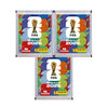 Three packs of FIFA World Cup 2026 Panini football stickers featuring the trophy logo