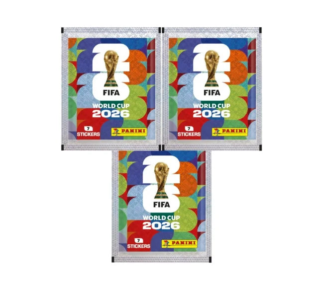 Three packs of FIFA World Cup 2026 Panini football stickers featuring the trophy logo