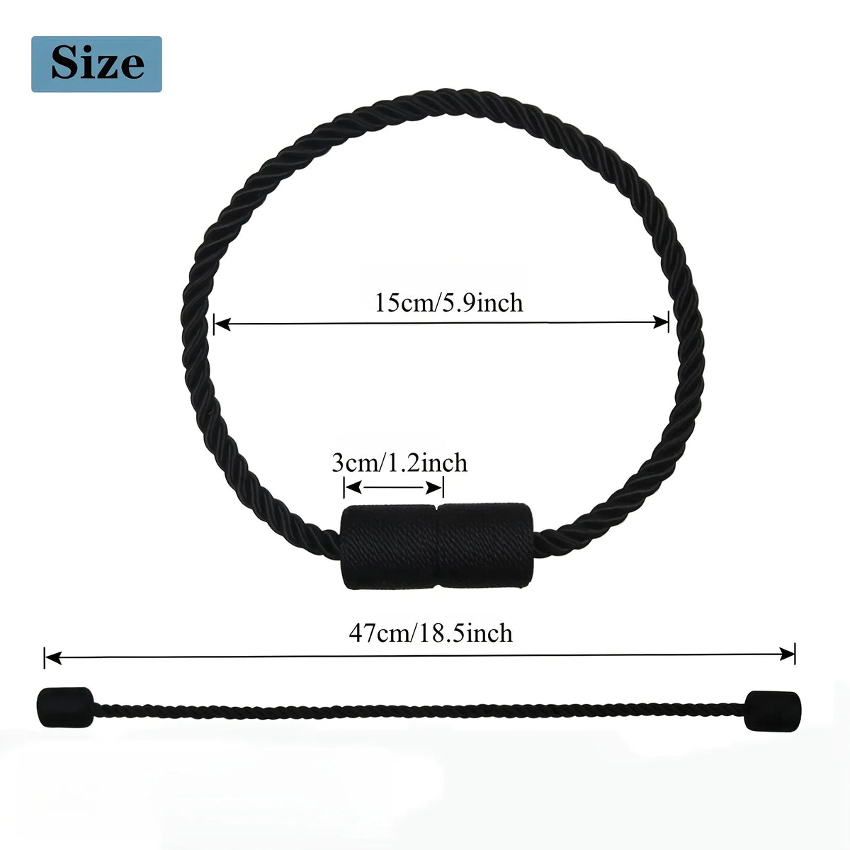 A black magnetic curtain tieback set consisting of a looped cord and a straight tieback.
