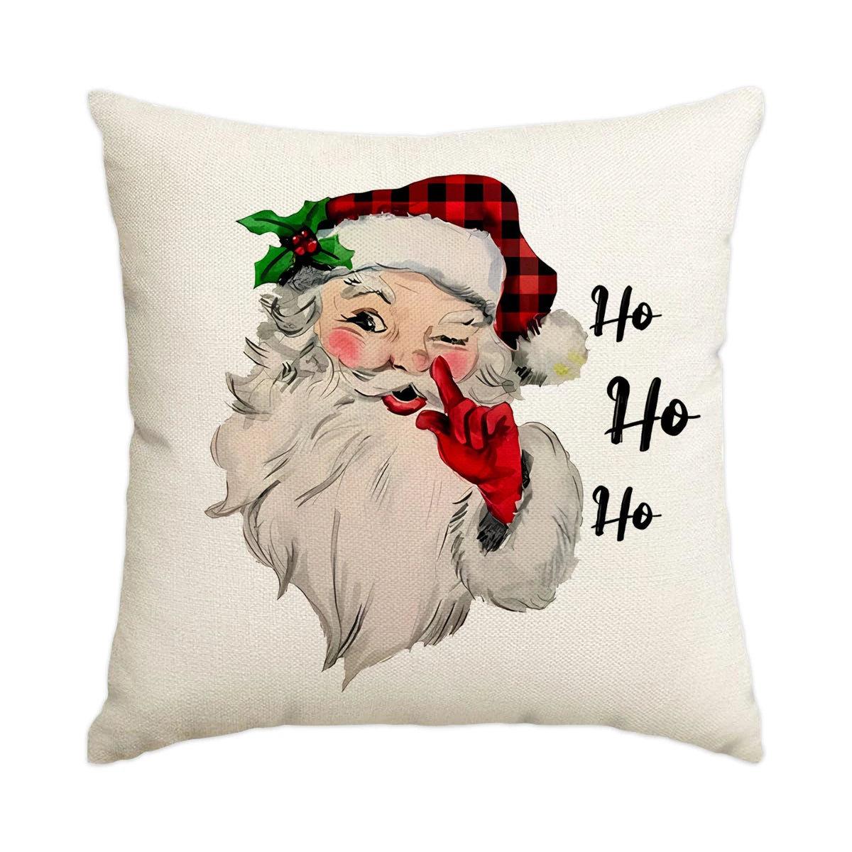 A festive illustration of Santa Claus with a red hat and beard pointing, printed on a square pillow cover.