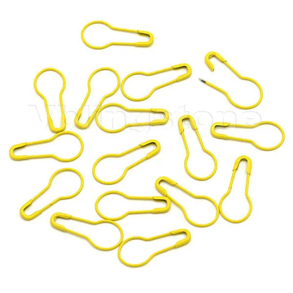 A pack of 100 yellow gourd-shaped locking safety pins for knitting and sewing.