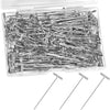 A clear plastic container filled with numerous silver precision T-pins for crafting and sewing.