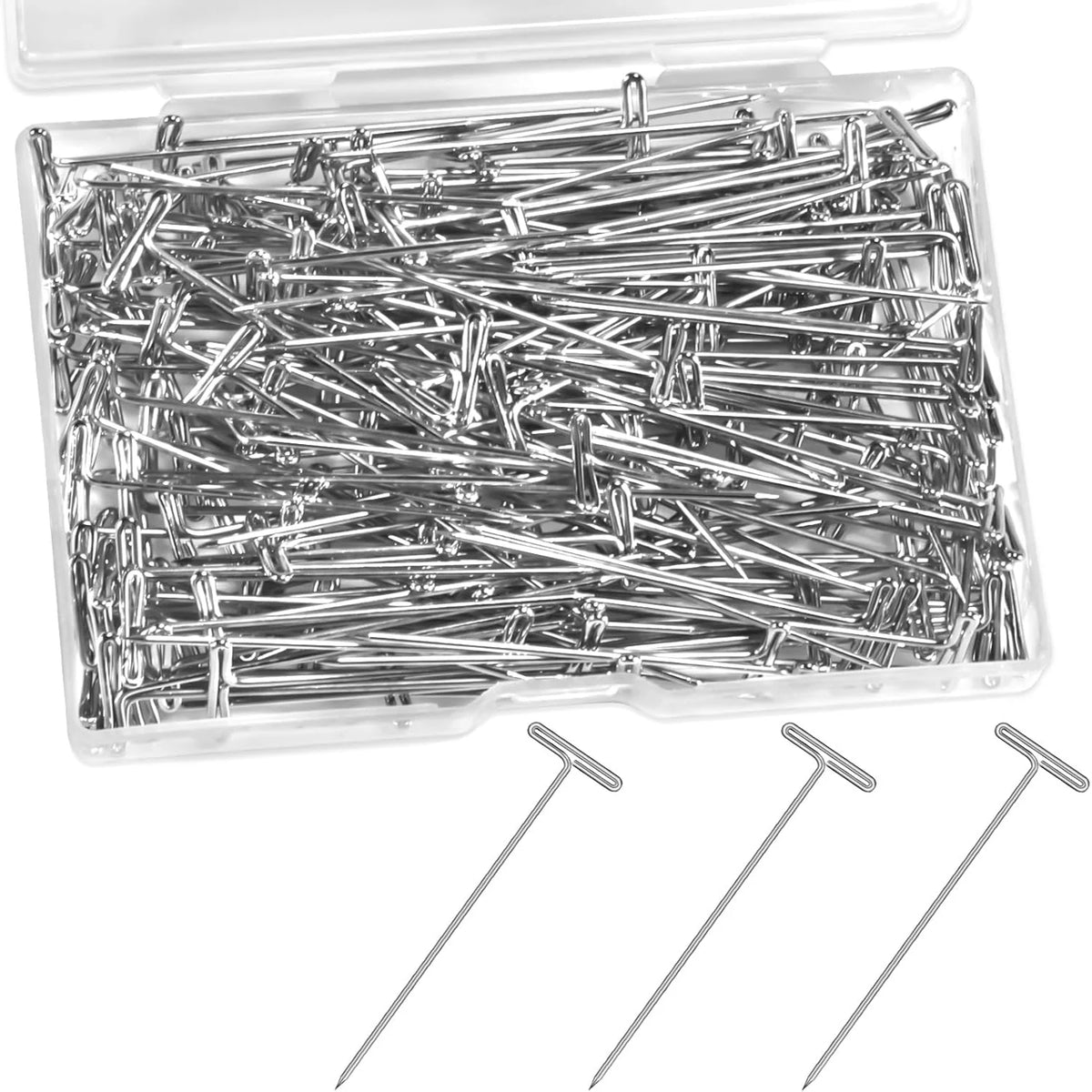 A clear plastic container filled with numerous silver precision T-pins for crafting and sewing.