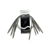 A set of stainless steel circular knitting needles with a black and white label.