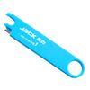 A bright blue 3-in-1 sewing machine needle threader with a magnifier and ruler.
