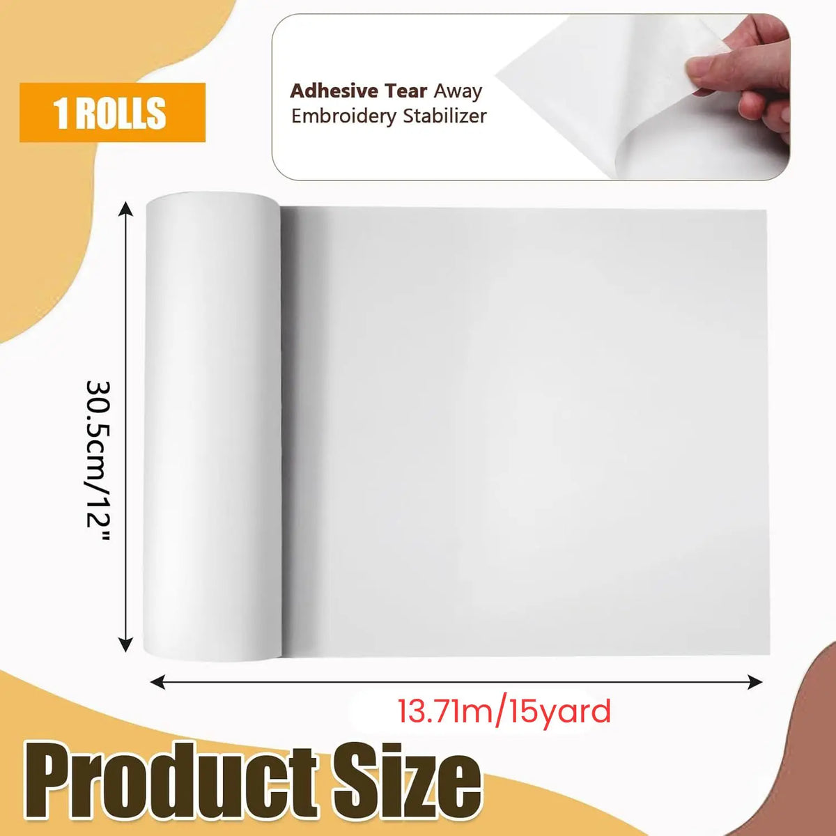 Roll of adhesive tear away embroidery stabilizer for hoop-less projects