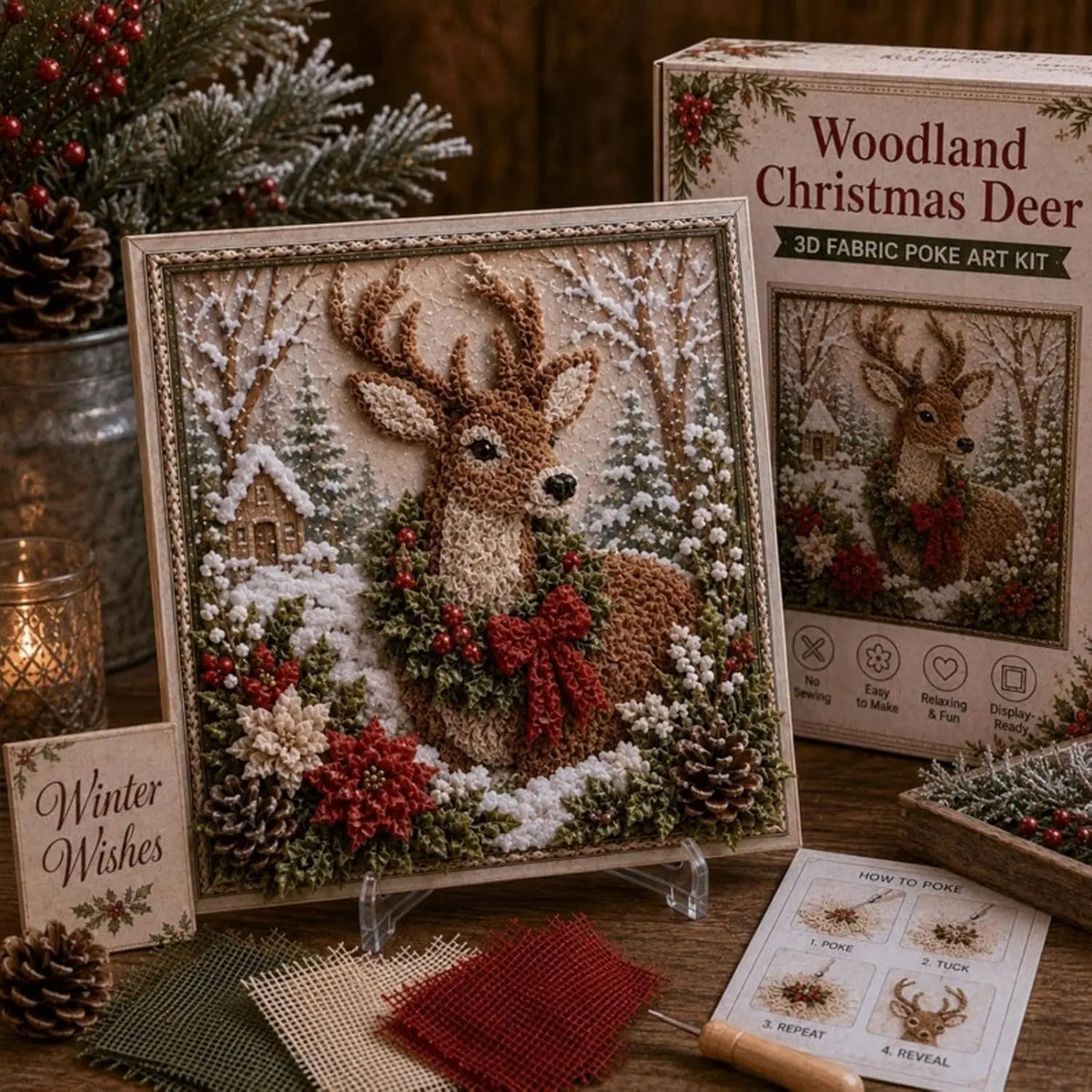 A framed fabric art kit featuring a deer in a snowy woodland scene with red berries and evergreen elements.