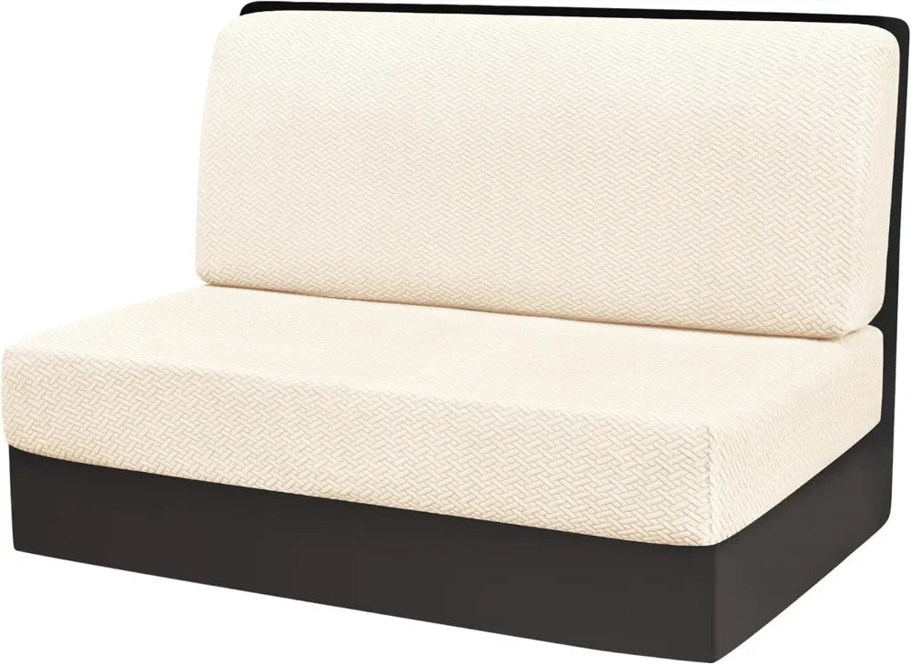 A beige stretch jacquard seat cover for vehicle upholstery shown on a black base.