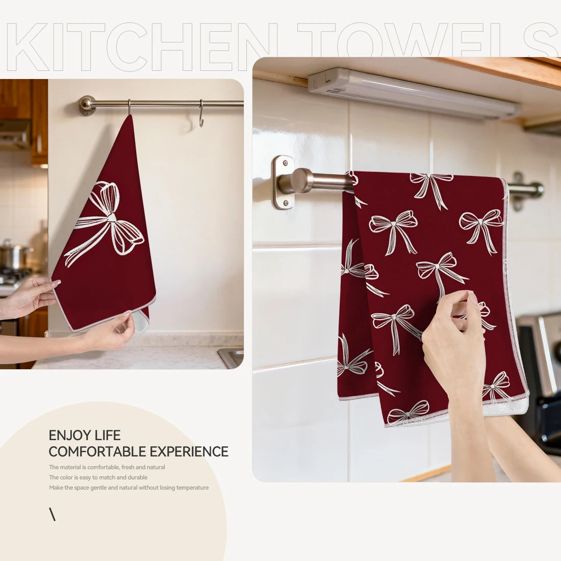 A close-up photo showing a maroon kitchen towel hanging on a rack, emphasizing its texture and design.