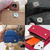 Close-up view of magnetic snap fasteners used on a beige woven bag and a red leather purse.