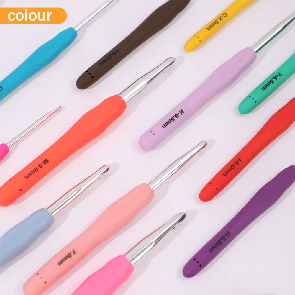 A collection of precision aluminum crochet hooks in various colors including blue, orange, pink, and green.
