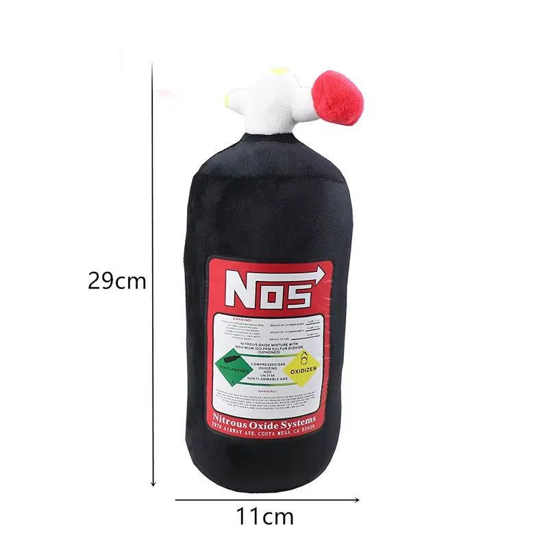 A black bottle-shaped cushion with a white and red nozzle, used as a car neck pillow or waist cushion.