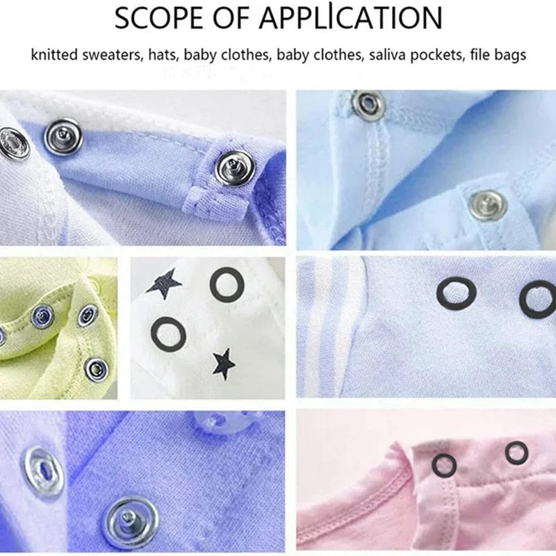 Various close-ups show metal snaps and fasteners used on knitted sweaters, hats, baby clothes, and file bags.