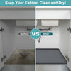 Comparison showing a dirty cabinet drain before and after using a silicone under sink drain mat.