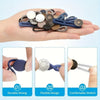 A hand holds a collection of metal waistbands and extenders showing durable, flexible designs.