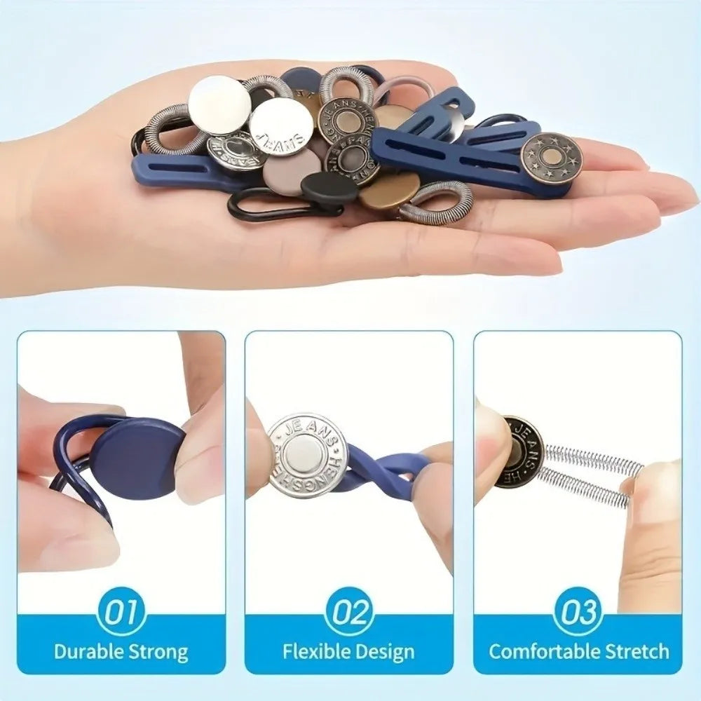 A hand holds a collection of metal waistbands and extenders showing durable, flexible designs.